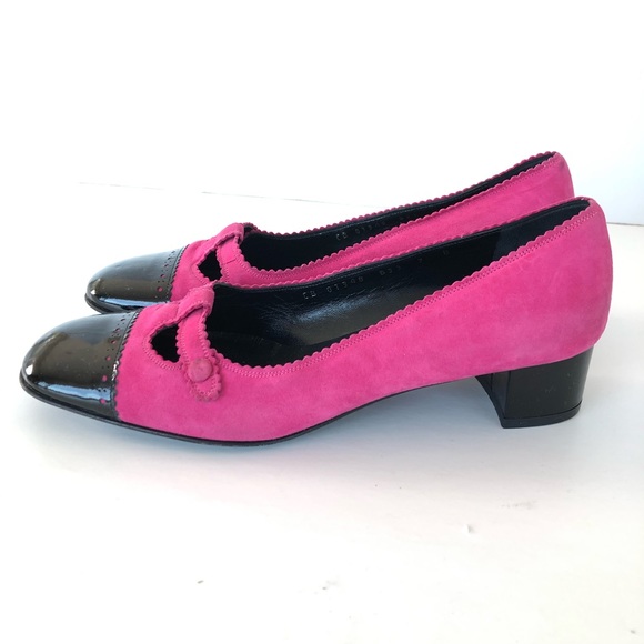 ♦️SOLD♦️SALVATORE FERRAGAMO Pink Suede Black Patent Leather Cap Toe Flat Loafer - Picture 14 of 14